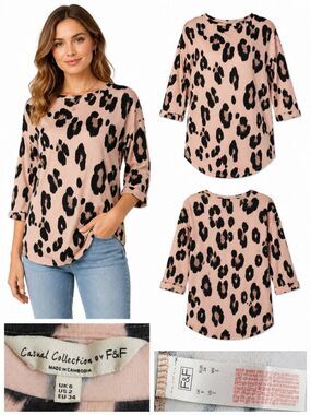 F&F Size 2 Leopard Print 3/4 Sleeve Tunic Top